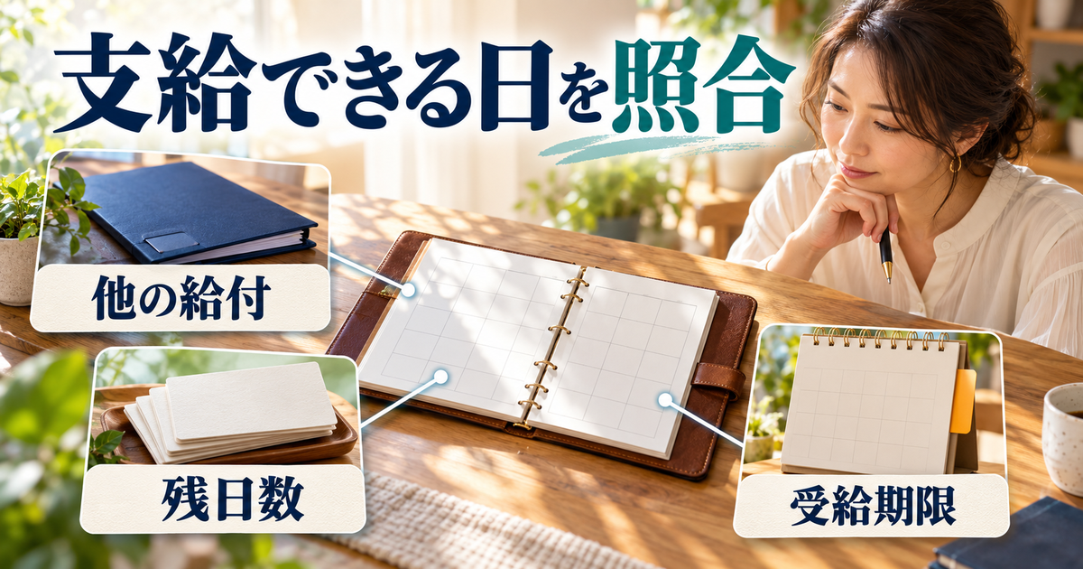同じ傷病の他給付、基本手当の残日数、受給期限を照合して支給対象日を確認する図