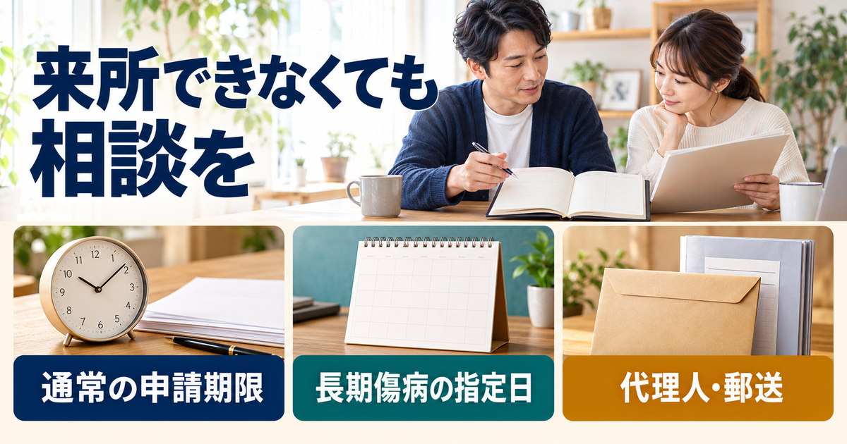 通常の申請期限、長期傷病の指定日、代理人や郵送による提出方法を確認する図