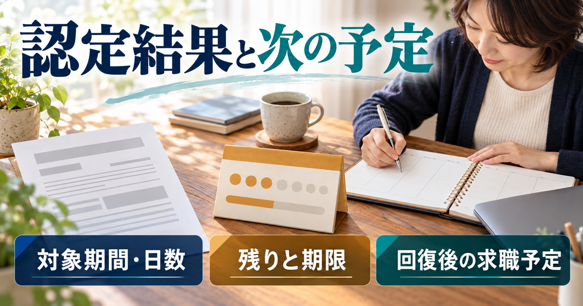 傷病手当の認定結果と残日数・期限を照合し、回復後の求職予定を整理するイメージ