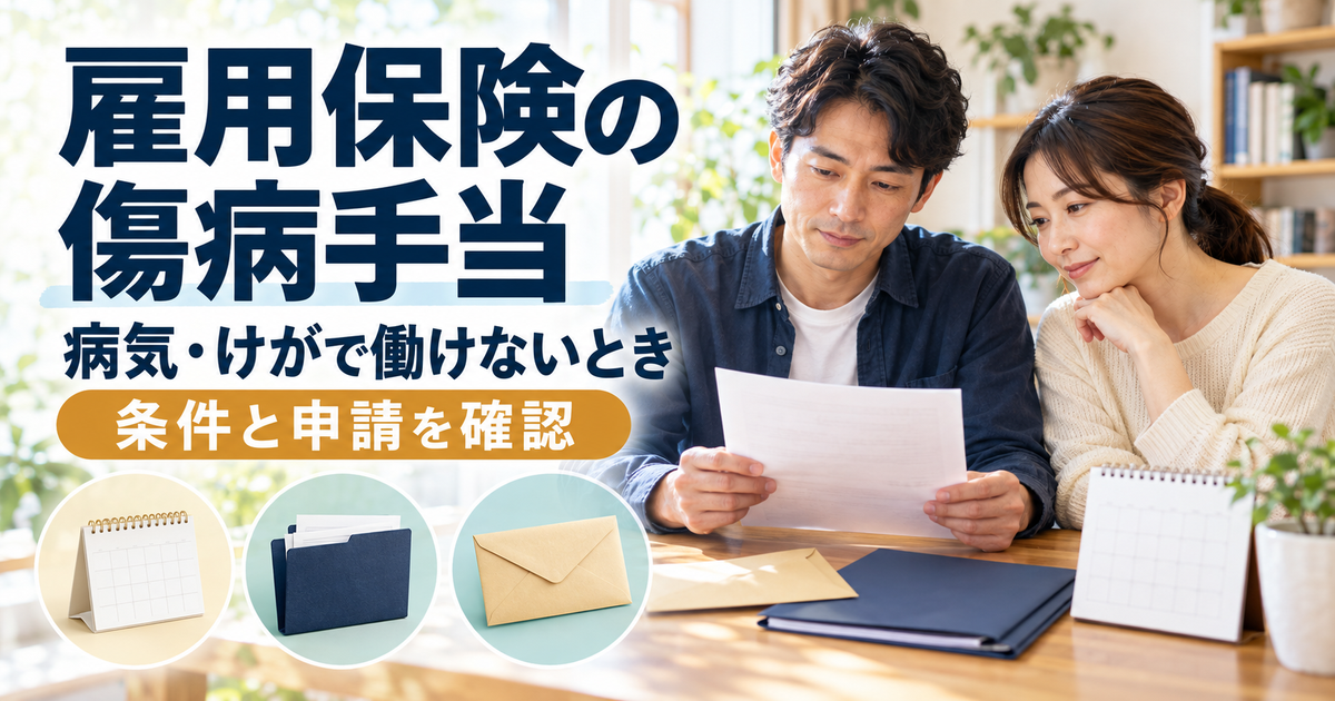 雇用保険の傷病手当について、受給資料とカレンダーから条件と申請手続きを確認するイメージ