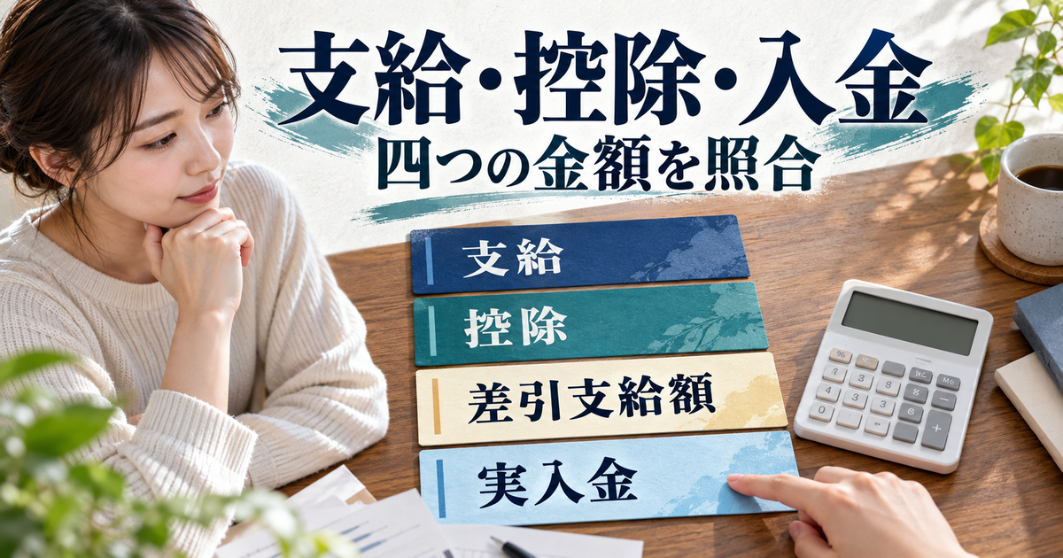 給与の支給項目・控除項目・差引支給額・実際の入金を分けて比べる図
