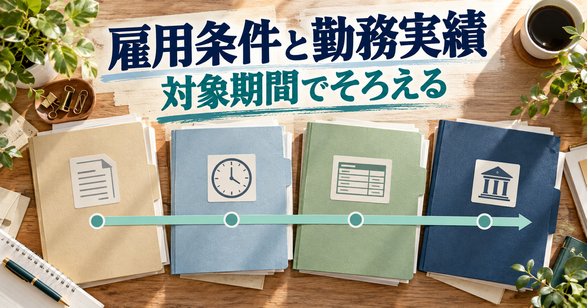 雇用条件、勤務実績、給与明細と入金状況の資料を期間ごとに整理する机
