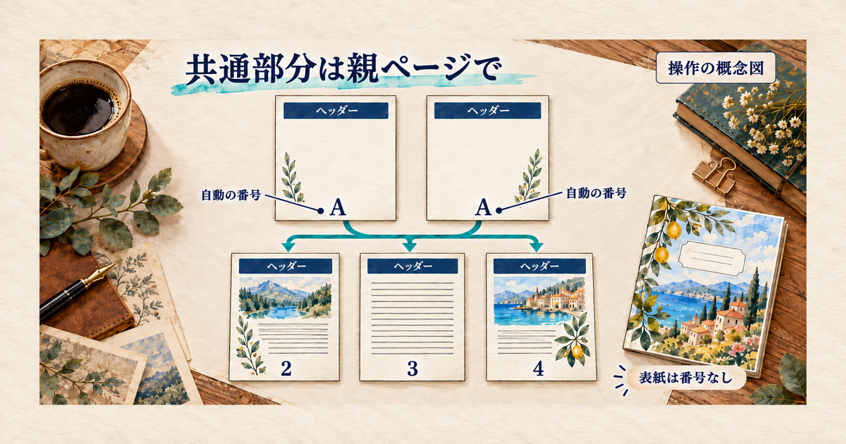親ページの共通ヘッダーとページ番号を本文へ適用する関係