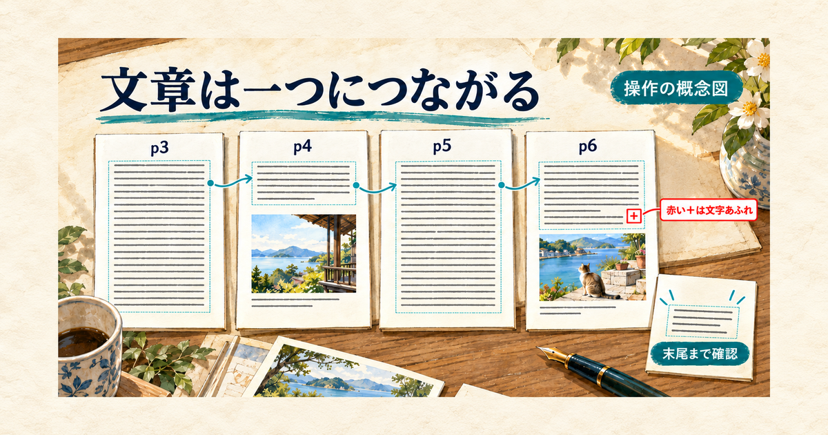 連結した本文フレームの流れと、末尾の文字あふれを示す模式図