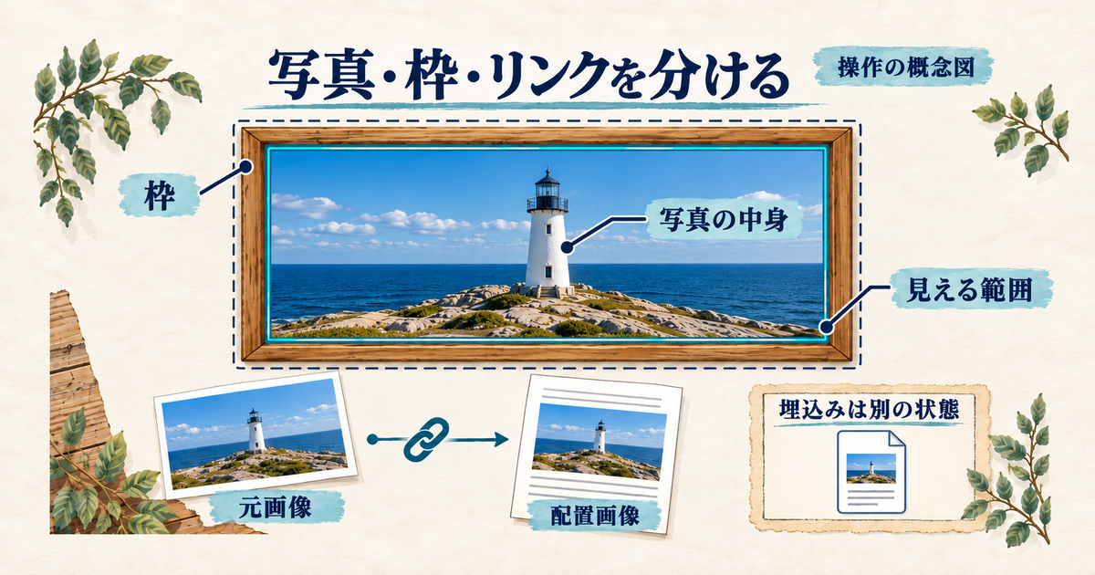 写真のフレームと中身、元画像とのリンクを区別する模式図