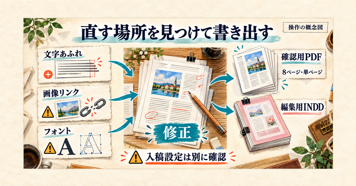 プリフライトの指摘から修正し、PDFと編集用ファイルを残す流れ