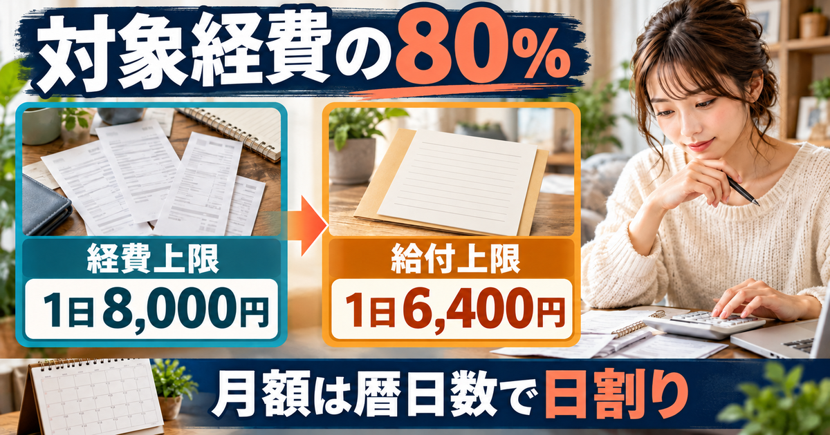 対象経費の80％を計算し、1日の経費上限8,000円と給付上限6,400円を分ける図