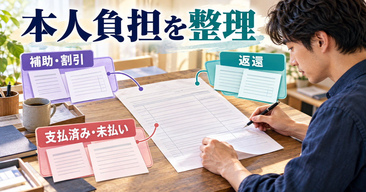 保育料の本人負担と補助、割引、返還、支払状況を分けて整理する図
