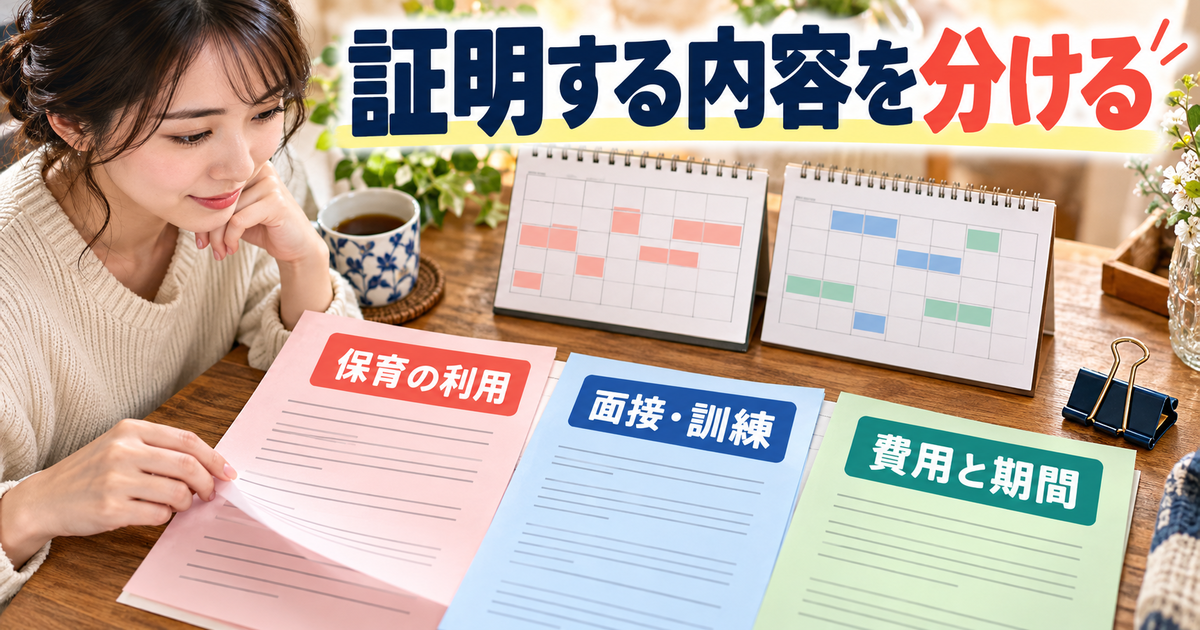 保育利用の証明、面接や訓練の証明、費用と対象期間を照合する図