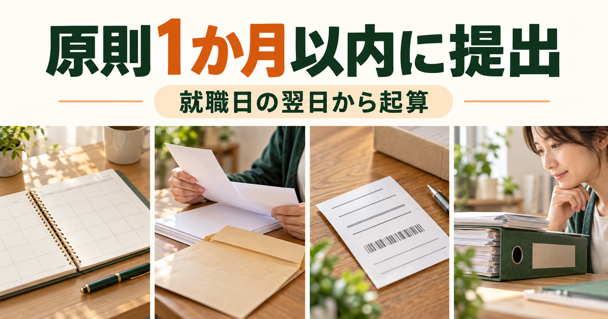 就職日の翌日から起算して原則1か月以内の提出に向け、書類と送付記録を準備する図