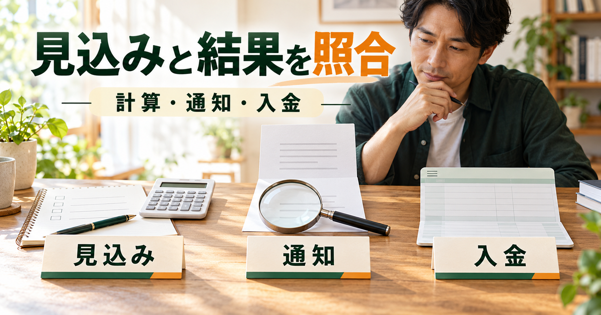 再就職手当の見込額を計算したメモと支給決定通知、実際の入金を照合する流れ