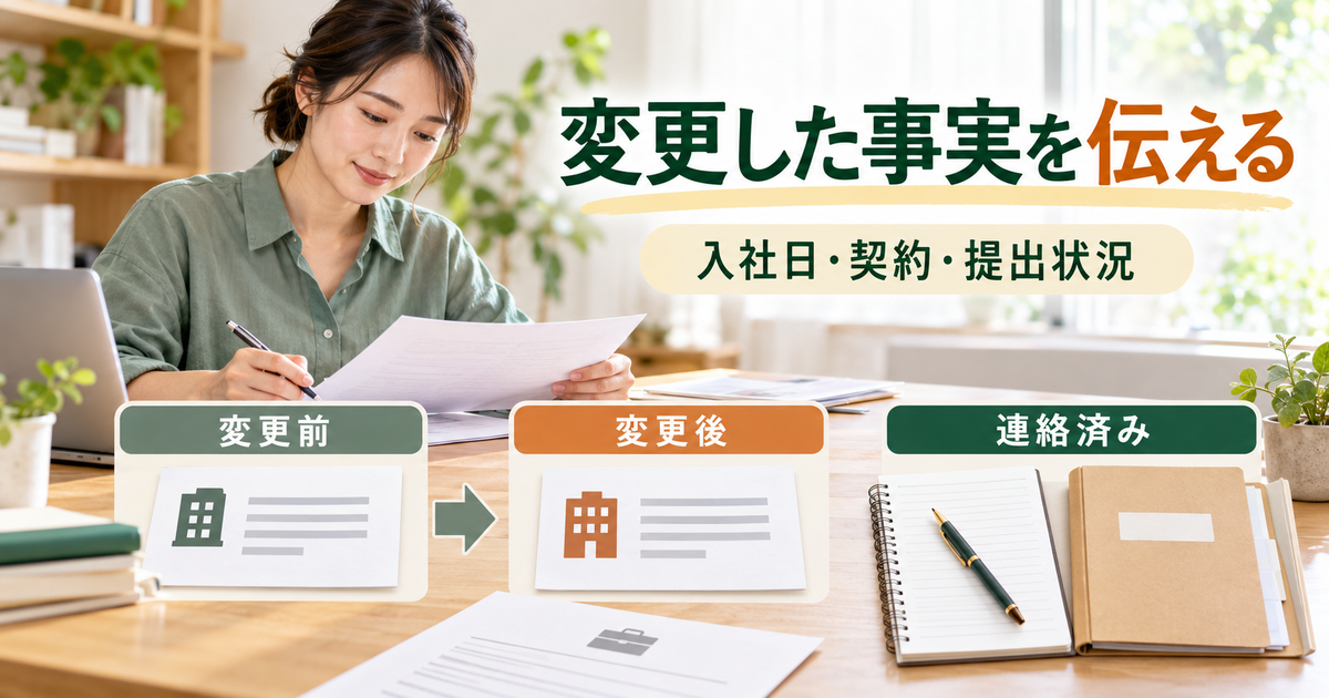 入社日や雇用条件に変更があったとき、変更前後の資料と提出状況を整理するイメージ