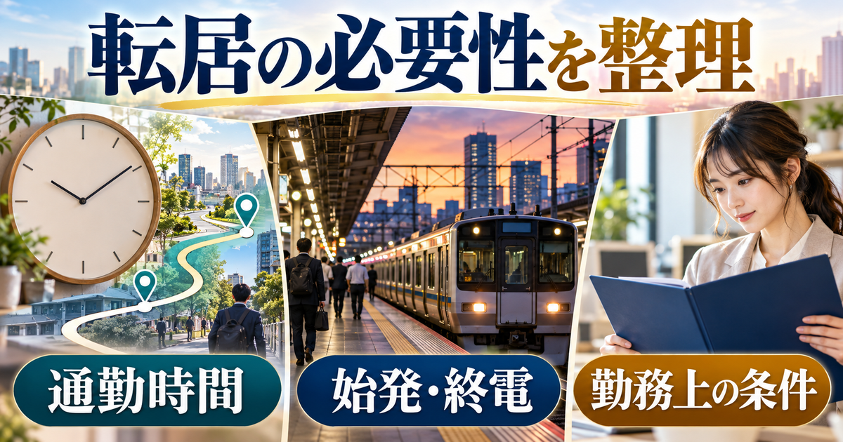 通勤時間、始発や終電、勤務上の条件から転居の必要性を整理する図