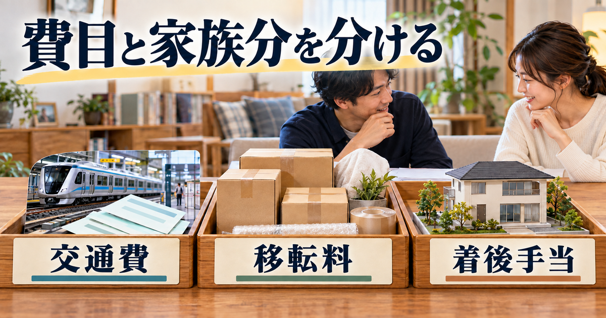交通費、移転料、着後手当を分け、本人と随伴する親族の移転を確かめる図
