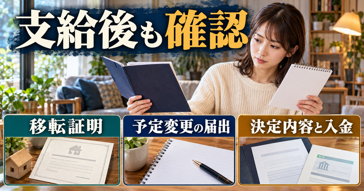 移転証明、予定変更の届出、決定内容と入金を別々に確認するイメージ