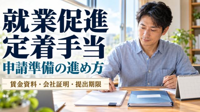 就業促進定着手当の申請に向け、通知書・給与資料・カレンダーを整理する人