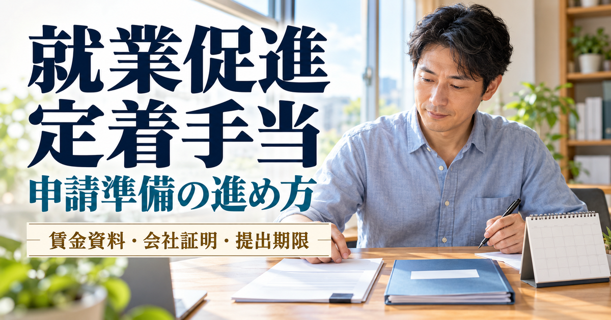 就業促進定着手当の申請に向け、通知書・給与資料・カレンダーを整理する人