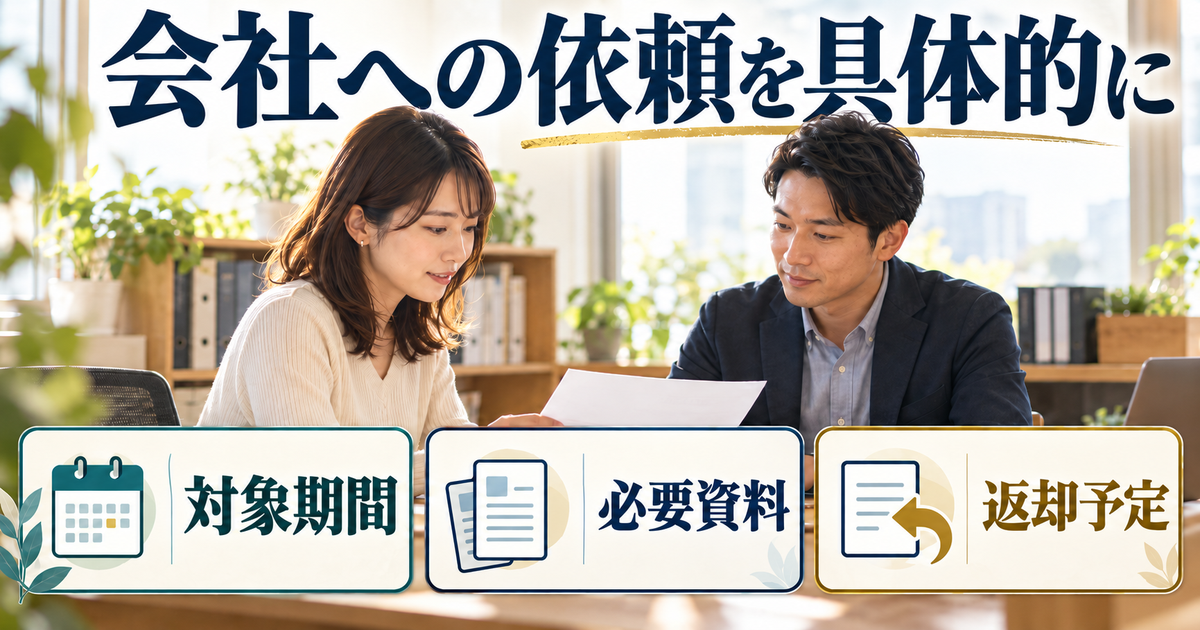 会社の担当者と資料の対象期間・必要書類・返却予定を確認する場面