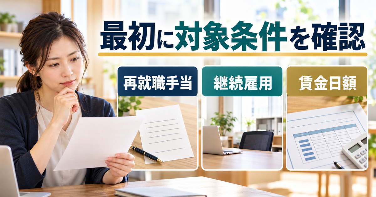 再就職手当の受給・継続雇用・賃金日額を三つのカードで確かめる図