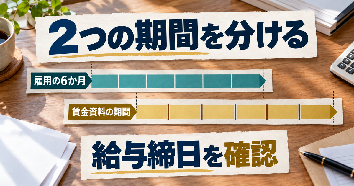 入社からの雇用期間と給与締日を基準とする資料期間を別々に示した時間軸