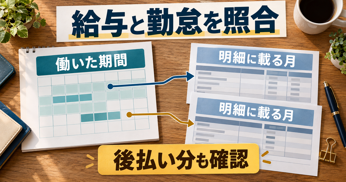 働いた期間と給与明細の月を対応させ、翌月払いの手当も確認する図