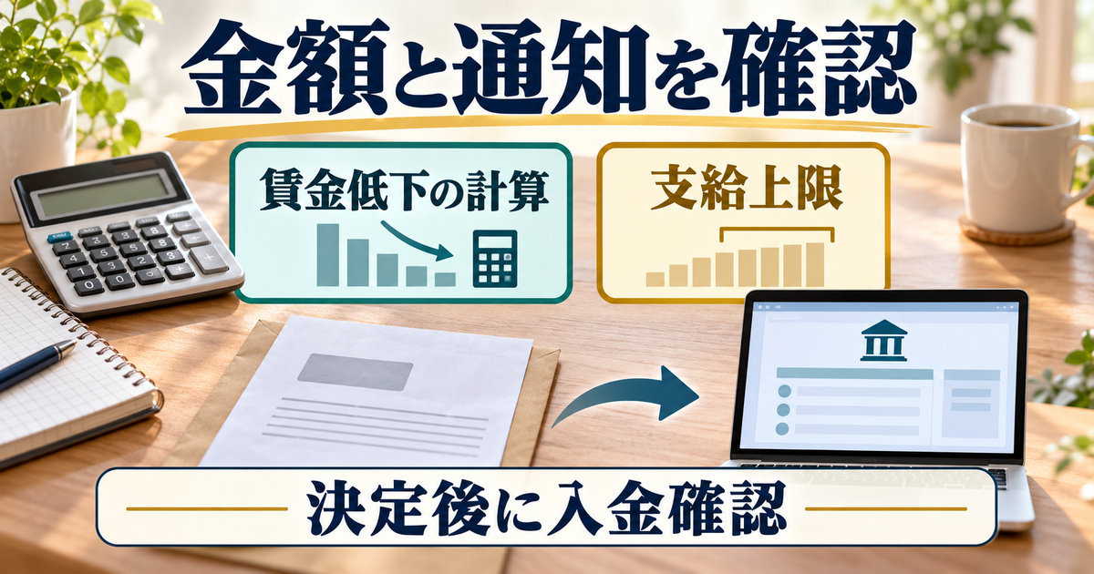 賃金低下による計算と支給上限を分け、決定通知と入金を確認する図
