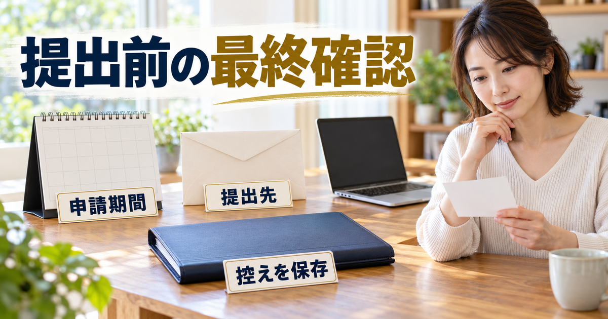 申請期間と提出先を確認し、書類の控えをフォルダーに保存する図