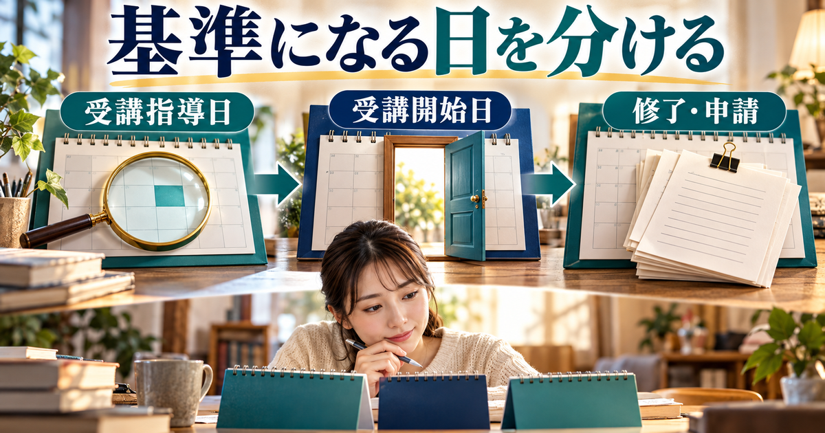 受講指導日、受講開始日、修了と申請の日を分けて資格を確かめる図