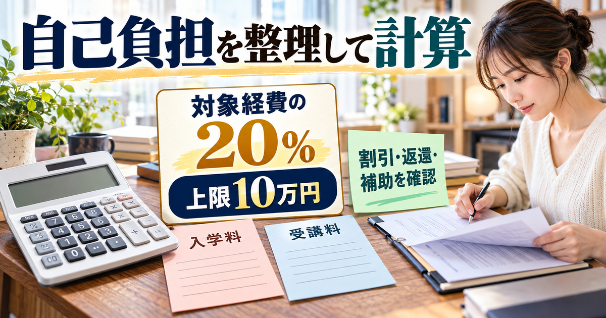 割引や返還、会社補助を整理した対象経費の20%、上限10万円を確認する図