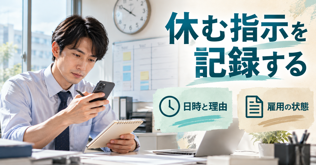 会社からの休業指示の日時と理由、雇用が続くかをメモする場面