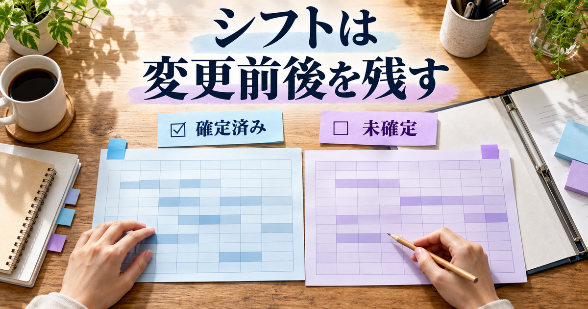 変更前後のシフト表と契約の資料を並べ、対象日を確認する場面