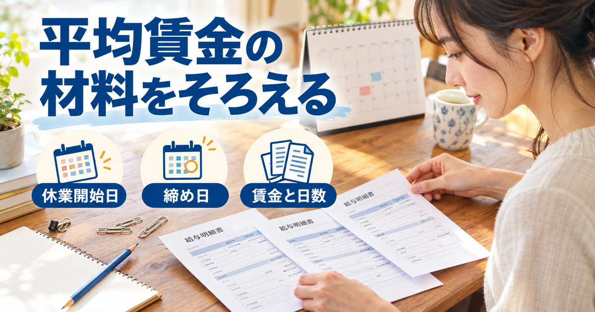 休業開始日と給与締め日を基に、賃金総額と日数を整理するイメージ