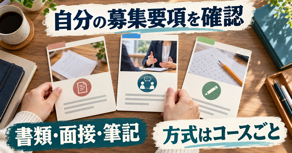 コースによって異なる書類、面接、筆記の選考方式を募集要項で確認する図