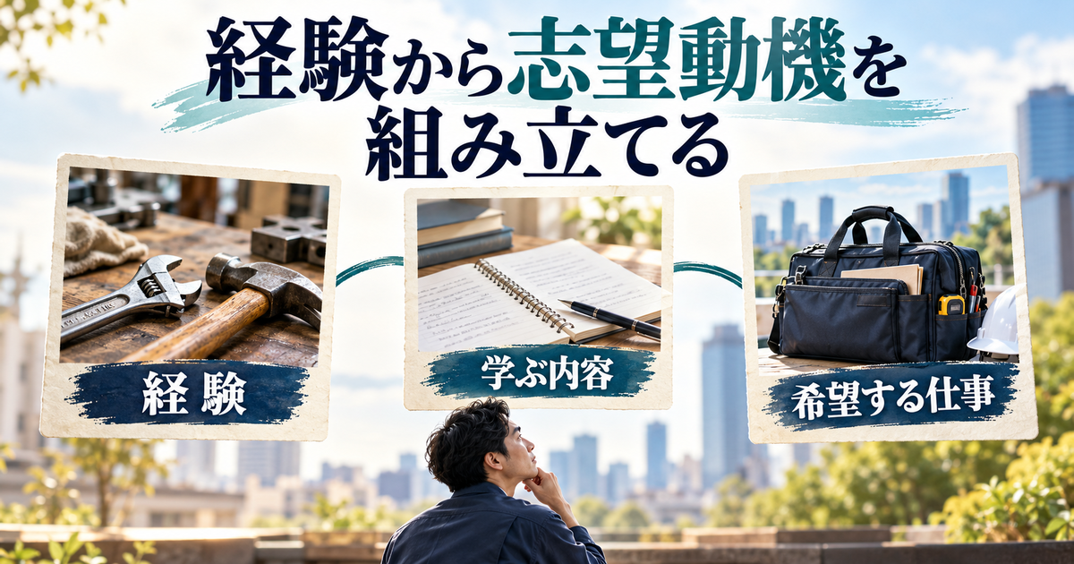 これまでの経験、訓練で学ぶ内容、希望する仕事を結び付けて志望動機を考える図