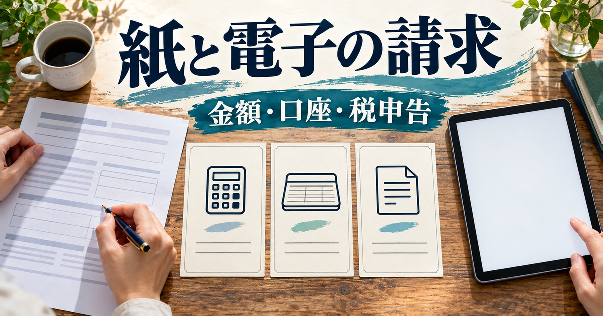 紙と電子の請求で立替払額・振込先・退職所得申告を確認する机
