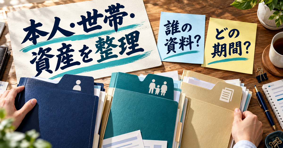 本人と世帯の収入、金融資産を資料の対象者と期間に分けて整理する図