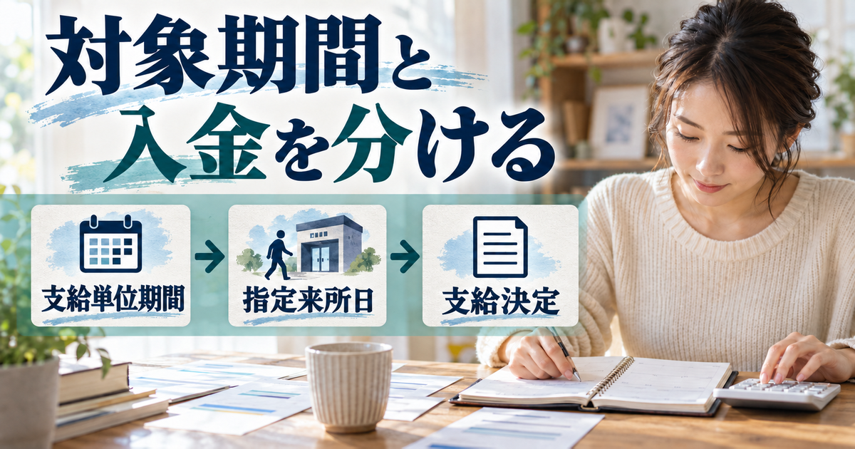 支給単位期間、指定来所日の申請、支給決定を分けて入金までを確認する図