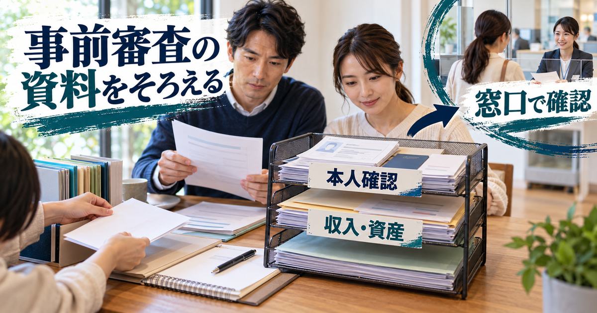 事前審査の本人確認、世帯の収入と資産の資料をそろえるイメージ