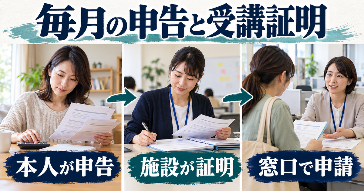 本人の収入申告、訓練施設の受講証明、ハローワークでの申請をつなぐ図