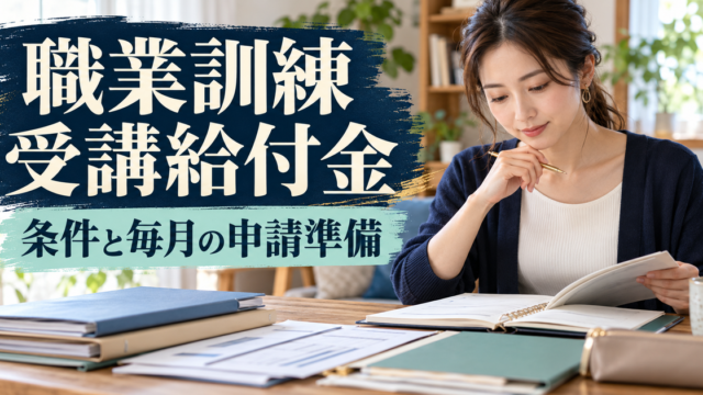 職業訓練受講給付金の条件と毎月の申請資料を確認するイメージ