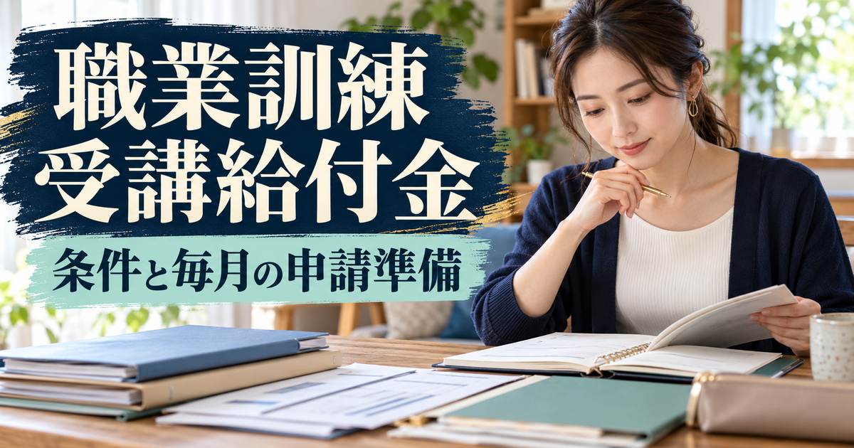職業訓練受講給付金の条件と毎月の申請資料を確認するイメージ