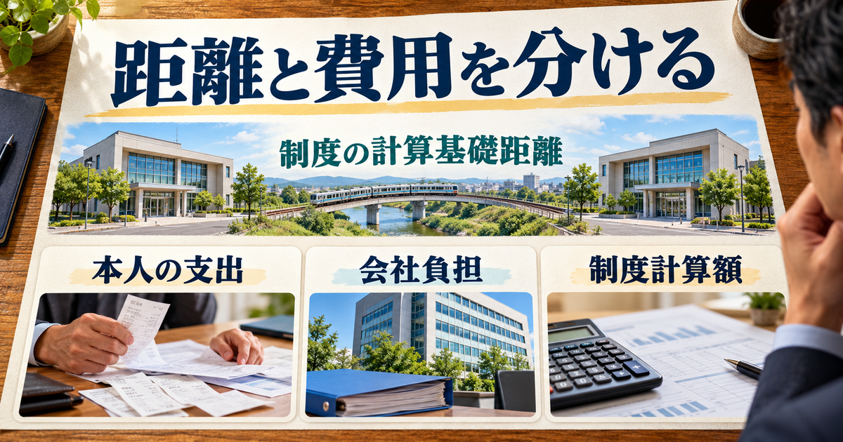 制度上の計算基礎距離と、本人の支出・会社負担・制度計算額を分けて照合する図