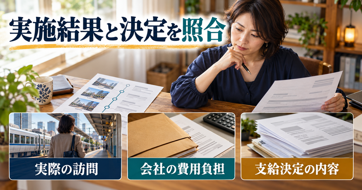 実際の訪問先と会社の費用負担を、広域求職活動費の支給決定の内容と照合するイメージ
