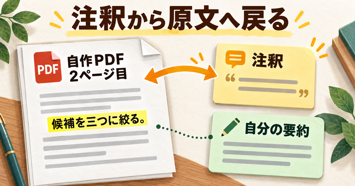 自作PDFのハイライトと注釈、自分の要約を原ページに結び付ける概念図