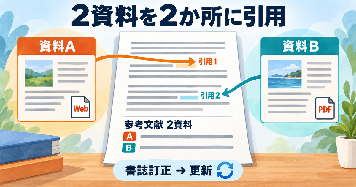 資料Aと資料Bを本文の別々の2か所に引用し、参考文献2資料へ対応させる概念図