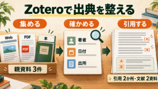 Webページ、PDF、本の書誌情報を整理し、原稿の出典へつなぐ概念図