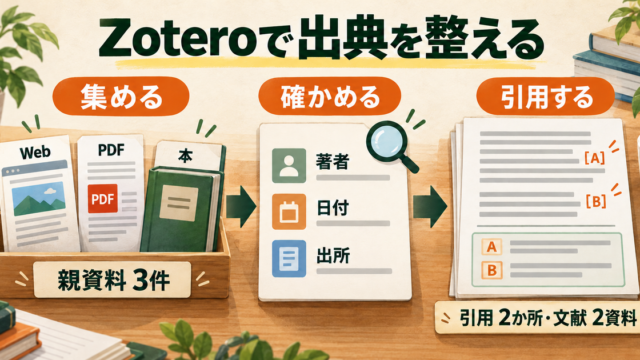 Webページ、PDF、本の書誌情報を整理し、原稿の出典へつなぐ概念図