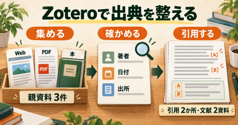 Webページ、PDF、本の書誌情報を整理し、原稿の出典へつなぐ概念図