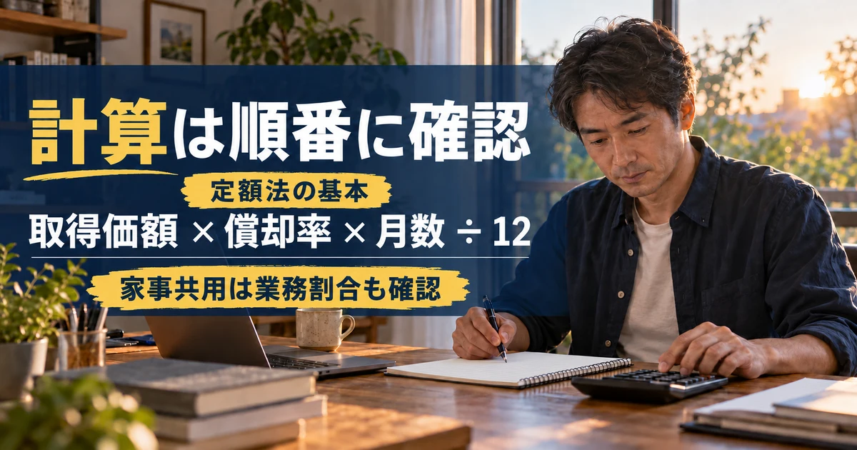 計算は順番に確認(定額法の基本:取得価額 × 償却率 × 月数 ÷ 12)の説明用生成画像