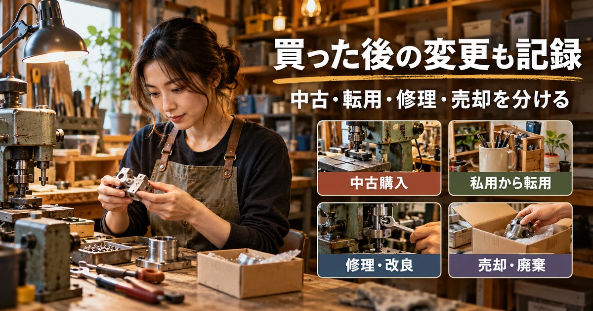 買った後の変更も記録(中古・転用・修理・売却を分ける)の説明用生成画像